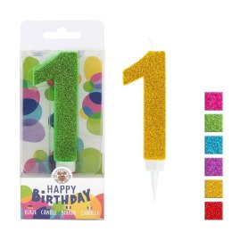 Świeczka urodzinowa TRENDHAUS Birthday Fun maxi, brokatowa, cyfra 1, mix kolorów
