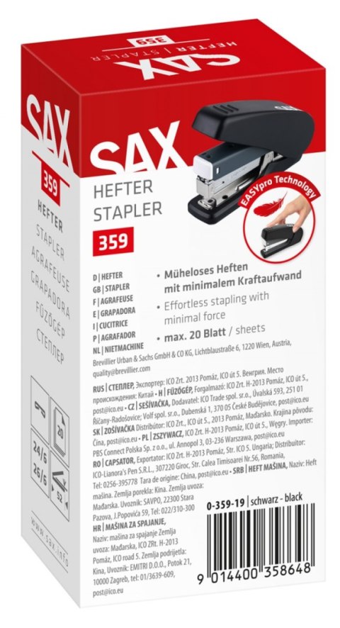 Zszywacz SAX 359 EasyPro M, zszywa do 20 kartek, 24/6, 26/6, czarny