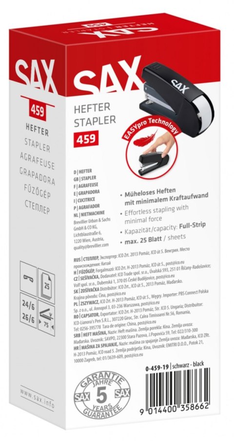Zszywacz SAX 459 EasyPro M+, zszywa do 25 kartek, 24/6, 26/6, czarny