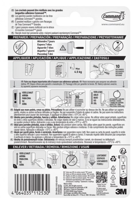 Haczyk COMMAND™ (17010FESIP), XL do ciężkich przedmiotów do 4,5kg, 1 haczyk + 2 paski, biały