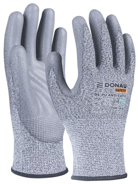 Rękawice antyprzecięciowe DONAU SAFETY DS-PU Anti-Cut C, rozm. 9, jasnoszary