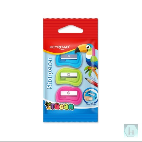 Temperówka plastikowa KEYROAD, tukan, pojedyncza, 3 szt., blister, mix kolorów